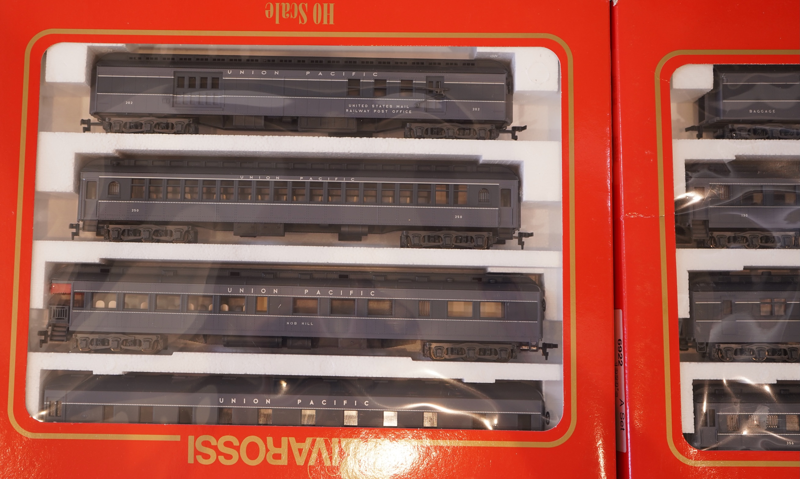 Two boxed Rivarossi 1920s Union Pacific coach packs; A Set (6922) and B Set (6923), both containing four coaches, together with four additional individually boxed coaches; (2641, 2x 2642, and 2643)